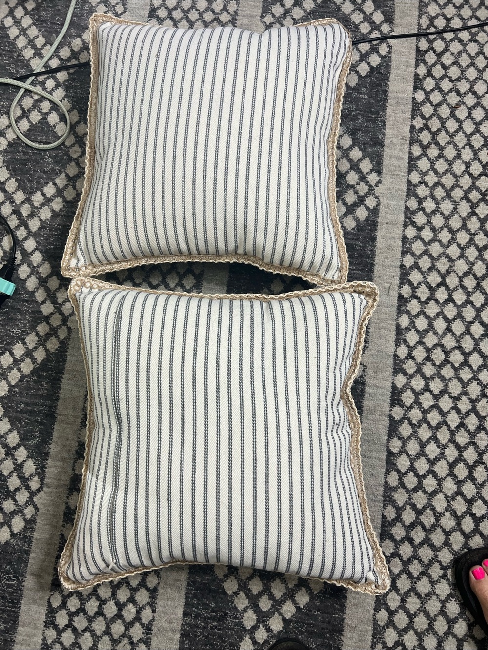 Striped Cotton Throw Pillow with Crochet Trim - Neutral